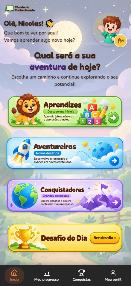 Tela inicial do app: Qual será a sua aventura de hoje, com os caminhos Aprendizes, Aventureiros, Conquistadores e o Desafio do Dia