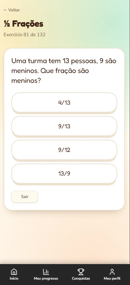 Exercício de Frações: uma turma tem 13 pessoas, 9 são meninos, que fração são meninos