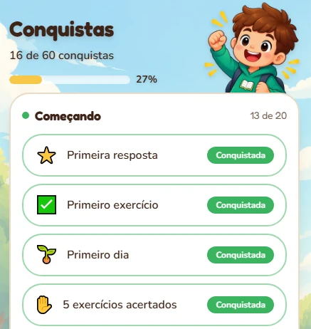 Tela Conquistas do app, com 16 de 60 conquistas e a lista Começando