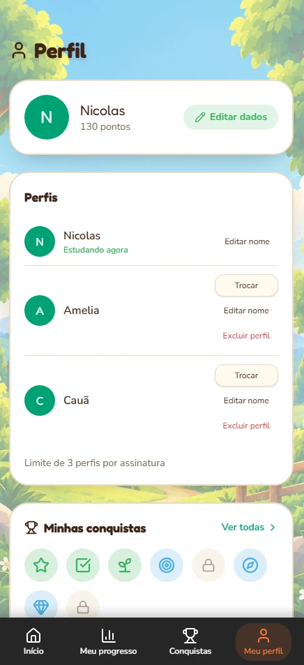 Tela Perfil do app, com três perfis de criança e o aviso Limite de 3 perfis por assinatura