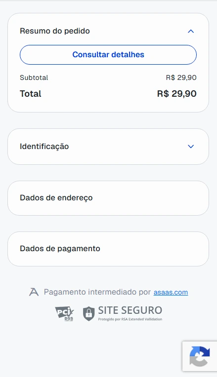Tela de pagamento da Asaas, com o resumo do pedido de R$ 29,90 e as etapas Identificação, Dados de endereço e Dados de pagamento